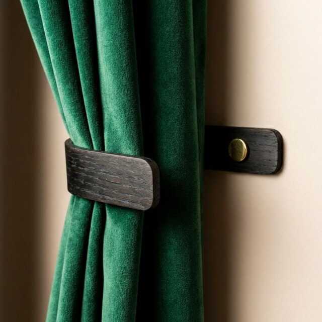 Black Curtain Holdbacks - Drapery Tie Backs Modern Wooden Hooks Minimalist Wall Mounted Brass Fittings - image 1
