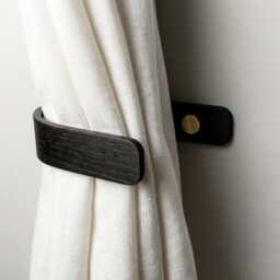 Black Curtain Holdbacks - Drapery Tie Backs Modern Wooden Hooks Minimalist Wall Mounted Brass Fittings - thumbnail 2