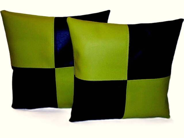 "2 Black & Apple Green Check Faux Leather Cushion Covers 16"" 18"" 20" - image 1