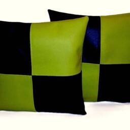 "2 Black & Apple Green Check Faux Leather Cushion Covers 16"" 18"" 20" - thumbnail 2