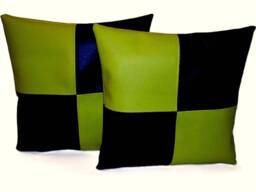 "2 Black & Apple Green Check Faux Leather Cushion Covers 16"" 18"" 20"