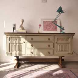 Hand Painted Olive Colour Wood Sideboard Upcycled Jaycee Oak Tv Cabinet - thumbnail 1
