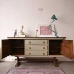 Hand Painted Olive Colour Wood Sideboard Upcycled Jaycee Oak Tv Cabinet - thumbnail 2