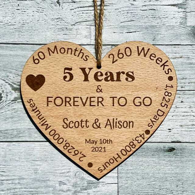 Personalised 5 Year Anniversary Engraved Plaque, 5Th Wedding Gift, Large Wood Heart Wall Hanging - image 1