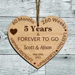 Personalised 5 Year Anniversary Engraved Plaque, 5Th Wedding Gift, Large Wood Heart Wall Hanging - thumbnail 1