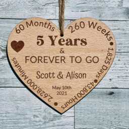 Personalised 5 Year Anniversary Engraved Plaque, 5Th Wedding Gift, Large Wood Heart Wall Hanging - thumbnail 2