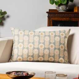 Retro Floral Print Linen Look Xl Rectangular Cushion Cover in Duck Egg Blue. Vintage 1960S & 1970S Flower & Leaf Motif Design. 23X15 - thumbnail 1