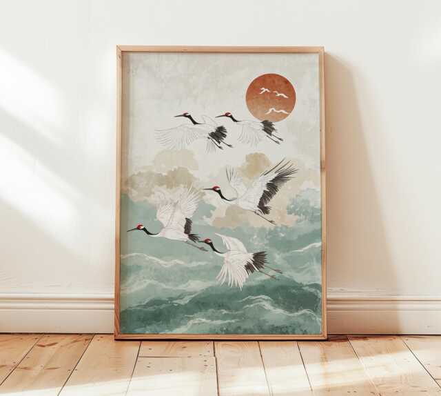 Cranes Flying Poster, Japanese Art Print, Traditional Ink Painting, Elegant Bird Art, Nature Wall Decor, Oriental Landscape - image 1