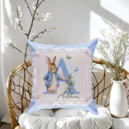 Personalised Blue Rabbit Linen Cushion Nursery Room Item, Kids Bedroom Gift 40x40cm Pillow - thumbnail 3