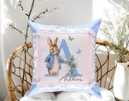 Personalised Blue Rabbit Linen Cushion Nursery Room Item, Kids Bedroom Gift 40x40cm Pillow - thumbnail 1