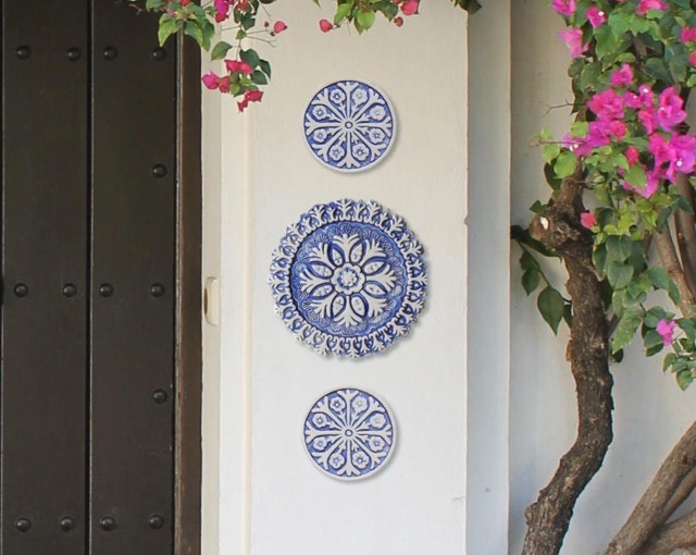 Ceramic Garden Tile Set, Suzani Floral Wall Decor, Blue & White - Set Of 3 - image 1