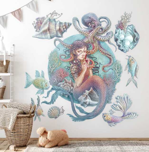Underwater Mermaids Wall Stickers For Baby Room, Pastel Children's Room Decor, Fantastic Decal Kids Self Adhesive - image 1