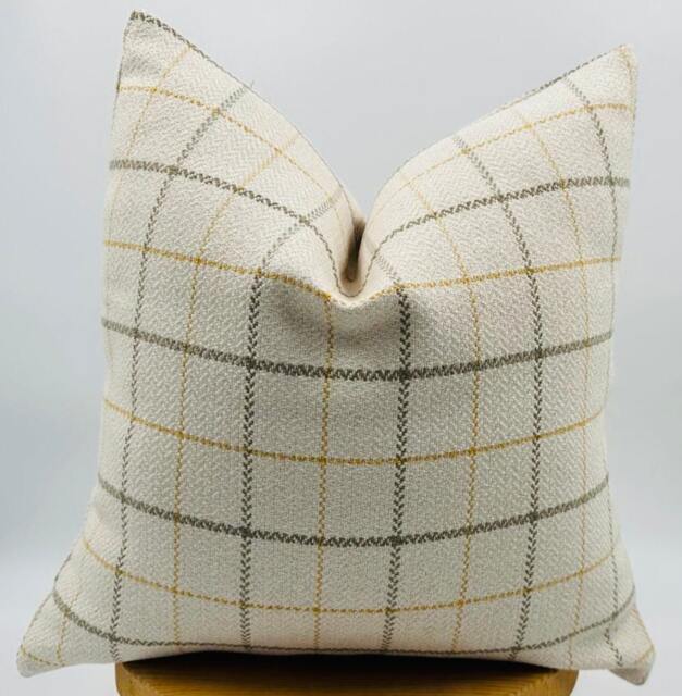 Neutral Plaid Throw Pillow Cover in Cream & Mustard, Modern Farmhouse Cushion For Couch, Throw Pillows, 20x20 - image 1