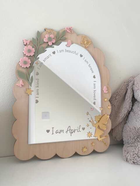Personalised Affirmation Mirror, Wood & Acrylic With Fairy Butterflies Flowers - image 1