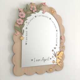 Personalised Affirmation Mirror, Wood & Acrylic With Fairy Butterflies Flowers