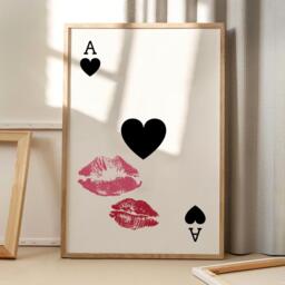 Lip Print Playing Card Art Canvas Poster, Trendy Wall Art, Apartment Aesthetic Decor, Retro Home Printed Gift - thumbnail 1