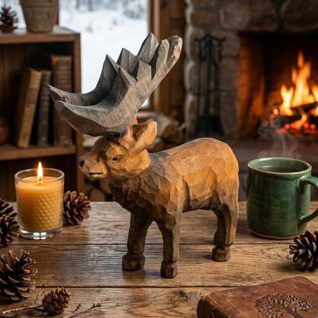 Hand Carved Wooden Moose Figurine, Rustic Woodland Animal Decor, Cabin Core Shelf Accent, Unique Nature Lover Gift, Artisan Wood Sculpture - image 1