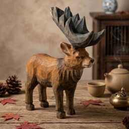 Hand Carved Wooden Moose Figurine, Rustic Woodland Animal Decor, Cabin Core Shelf Accent, Unique Nature Lover Gift, Artisan Wood Sculpture - thumbnail 2