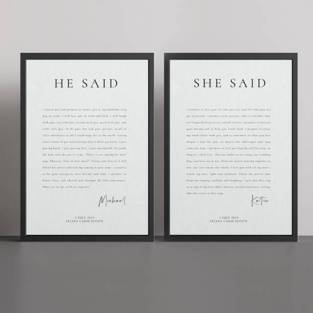 He Said She They Wedding Vows Wall Art Print Anniversary Gift Matching Set Of 2 - Available With Frame - image 1