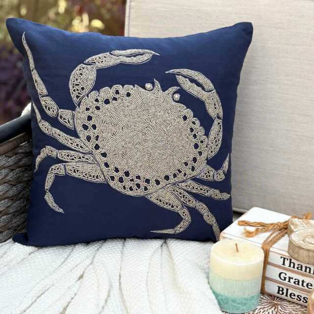 Navy Blue Cotton & Linen Beaded Sea Creature Pattern, Beach Style Throw Pillow Cover/Euro Sham - Crab At The Shore - image 1