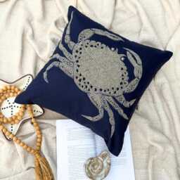 Navy Blue Cotton & Linen Beaded Sea Creature Pattern, Beach Style Throw Pillow Cover/Euro Sham - Crab At The Shore - thumbnail 2