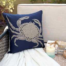 Navy Blue Cotton & Linen Beaded Sea Creature Pattern, Beach Style Throw Pillow Cover/Euro Sham - Crab At The Shore - thumbnail 3