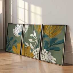 Modern Floral Wall Art Prints Set Of 3, Mustard Yellow & Teal Botanical Posters, Contemporary Abstract Flower For Home Decor - thumbnail 2