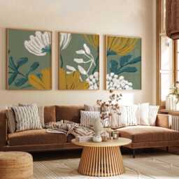 Modern Floral Wall Art Prints Set Of 3, Mustard Yellow & Teal Botanical Posters, Contemporary Abstract Flower For Home Decor - thumbnail 3