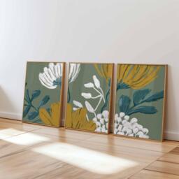 Modern Floral Wall Art Prints Set Of 3, Mustard Yellow & Teal Botanical Posters, Contemporary Abstract Flower For Home Decor - thumbnail 1