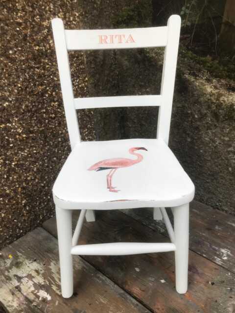 Children's Personalised Decoupaged Wooden Nursery School Chair With Vintage Flamingo Theme & Your Child's Name - image 1