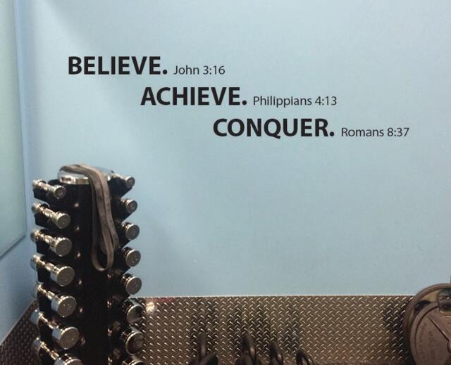 Work Out Room Wall Decal. Believe Achieve Conquer Motivational Religious Quote. Classroom, Bible Verse, Vinyl Decal Sticker Sign Fitness 249 - image 1