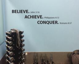 Work Out Room Wall Decal. Believe Achieve Conquer Motivational Religious Quote. Classroom, Bible Verse, Vinyl Decal Sticker Sign Fitness 249 - thumbnail 1