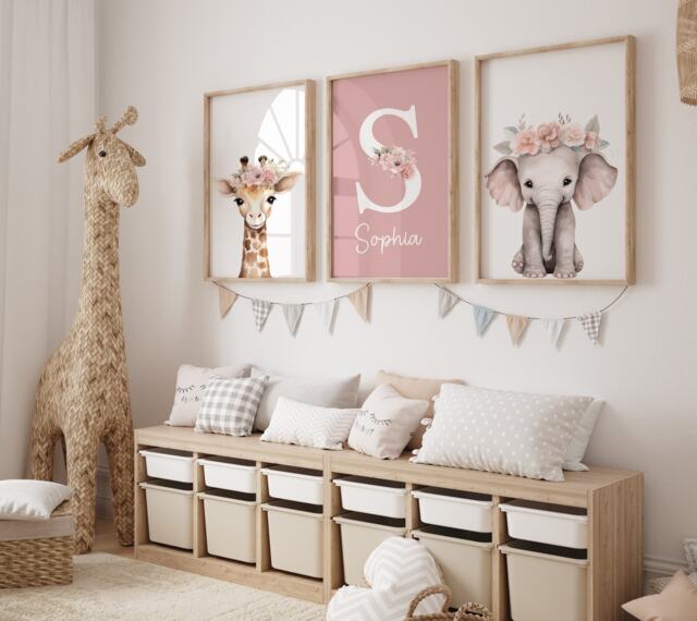 Safari Floral Animals, Nursery Prints, Nursery Decor, Girls, Baby, Pink Nursery, Jungle Decor, Boho Nursery, Toddler Bedroom, Playroom, Kids, Wall - image 1