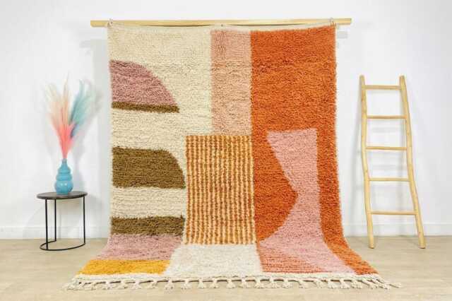 Orange White Abstract Shag Moroccan Rug, Large Area Berber Wool Carpet, Boho Living Room Decor, Custom Handmade - image 1
