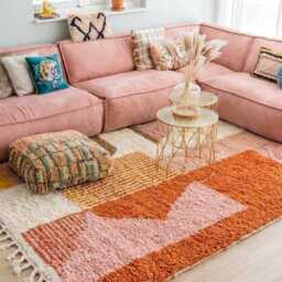 Orange White Abstract Shag Moroccan Rug, Large Area Berber Wool Carpet, Boho Living Room Decor, Custom Handmade - thumbnail 3