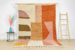 Orange White Abstract Shag Moroccan Rug, Large Area Berber Wool Carpet, Boho Living Room Decor, Custom Handmade