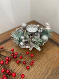 Christmas T-Light Holder, Traditional Green & Silver Pinecone, Berries, Glitter, Wooden Log Display, Woodland Center Piece Table Decoration - thumbnail 1