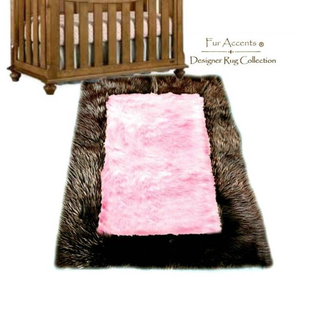 Faux Fur Shag Area Rug - Brown & Pink Plush Nursery Carpet - image 1