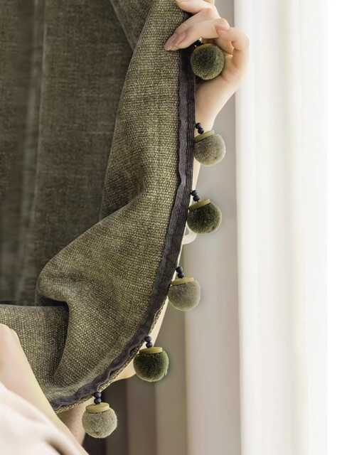 A Pair Of Green High-End 20% Linen Chenille Curtains With Pompom Trim, Custom Curtain Panel Living Room Bedroom - image 1