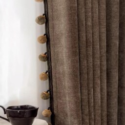 A Pair Of Green High-End 20% Linen Chenille Curtains With Pompom Trim, Custom Curtain Panel Living Room Bedroom - thumbnail 2