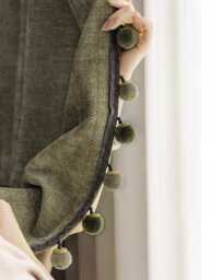 A Pair Of Green High-End 20% Linen Chenille Curtains With Pompom Trim, Custom Curtain Panel Living Room Bedroom