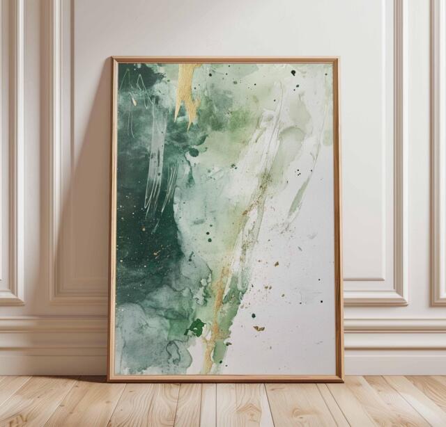 Abstract Green Watercolor Art, Gold Accent Painting, Modern Minimalist Poster, Fluid Art Print, Contemporary Wall - image 1
