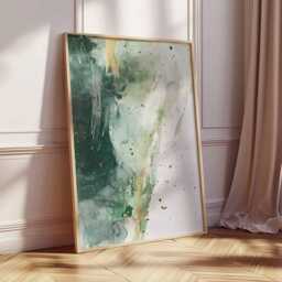 Abstract Green Watercolor Art, Gold Accent Painting, Modern Minimalist Poster, Fluid Art Print, Contemporary Wall - thumbnail 2