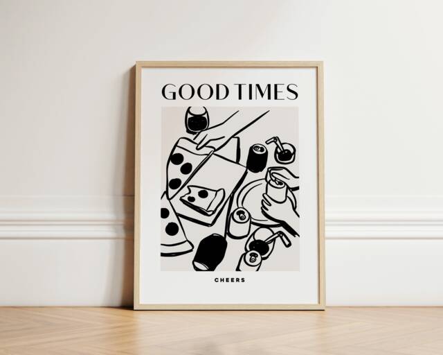 Good Times Print, Ink Bleed, Cheers Food Friends, Kitchen Living Room, Decor, Poster, Unframed - image 1