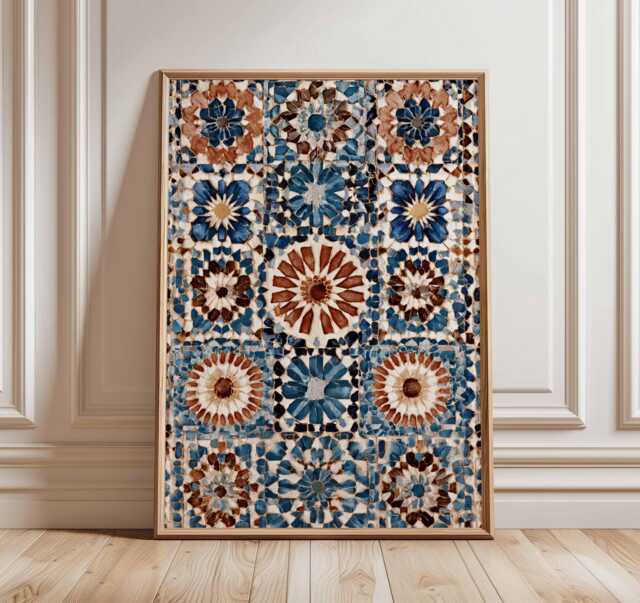 Moroccan Mosaic Wall Art Print, Geometric Pattern Poster, Blue & Terracotta Abstract Tile Design, Boho Home Decor - image 1