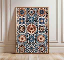Moroccan Mosaic Wall Art Print, Geometric Pattern Poster, Blue & Terracotta Abstract Tile Design, Boho Home Decor