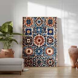 Moroccan Mosaic Wall Art Print, Geometric Pattern Poster, Blue & Terracotta Abstract Tile Design, Boho Home Decor - thumbnail 4