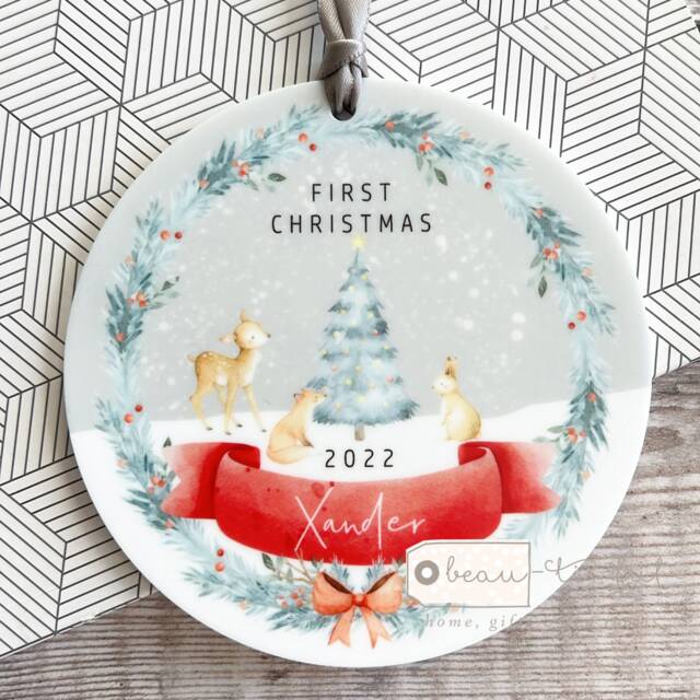 Personalised 1st Christmas Baby Babies Baby's Tree Woodland Animals Design Acrylic Or Ceramic Ornament Keepsake Boy Child Gift - image 1