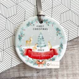 Personalised 1st Christmas Baby Babies Baby's Tree Woodland Animals Design Acrylic Or Ceramic Ornament Keepsake Boy Child Gift - thumbnail 2