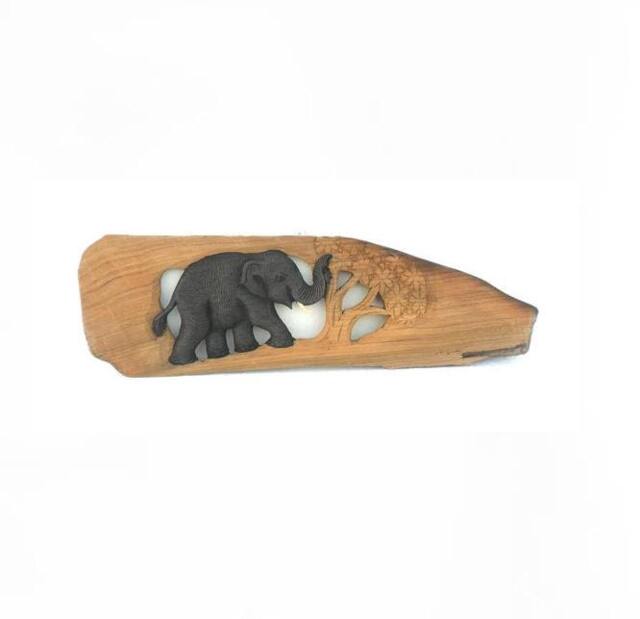 "Teak Wood Hand Carving Elephant With Tree Art Home Decor Wall Hanging Natural Wooden Carved/Gift 21"" X 7" - image 1